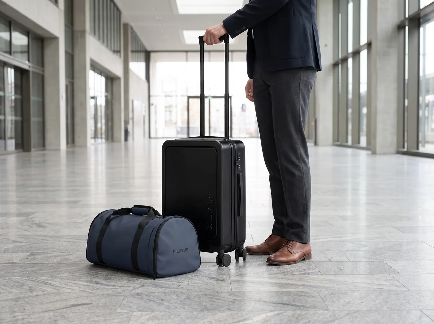Black cabin suitcase and navy blue sports bag by Pilatus at a station