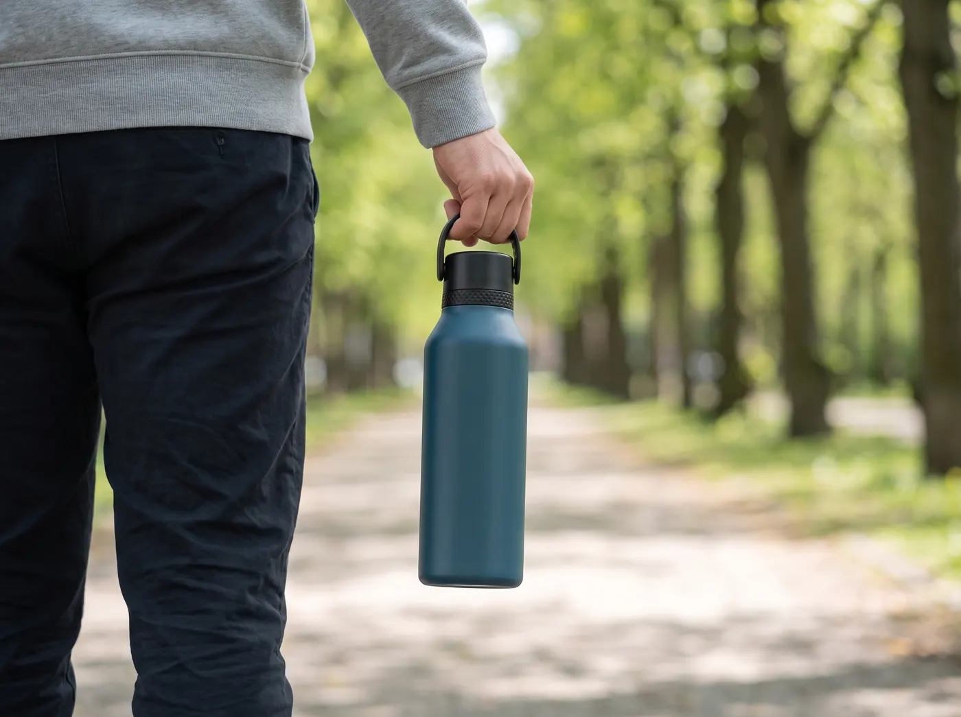 Asmuo vaikšto parke su mėlynu Runbott termo buteliu rankoje