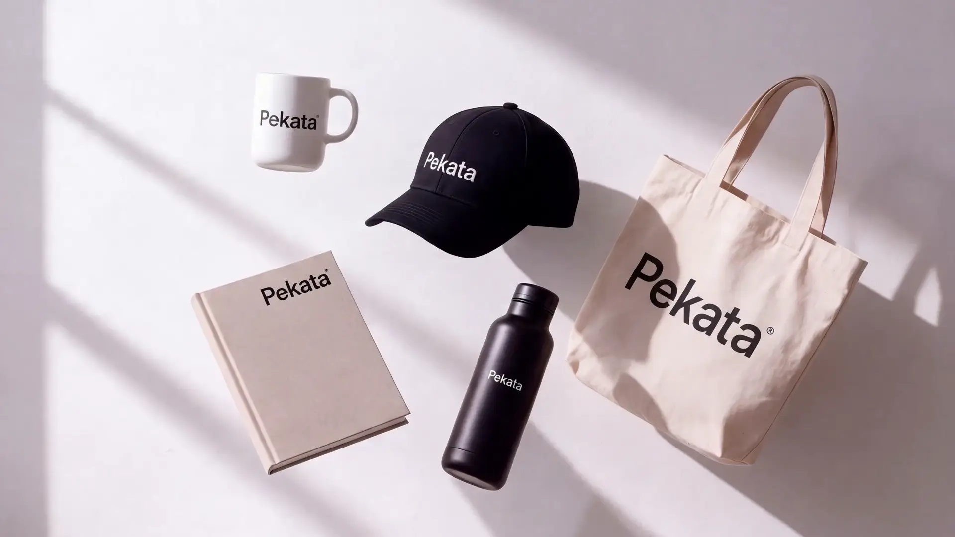 Ant šviesaus medinio stalo padėti neženklinti reklaminiai produktai